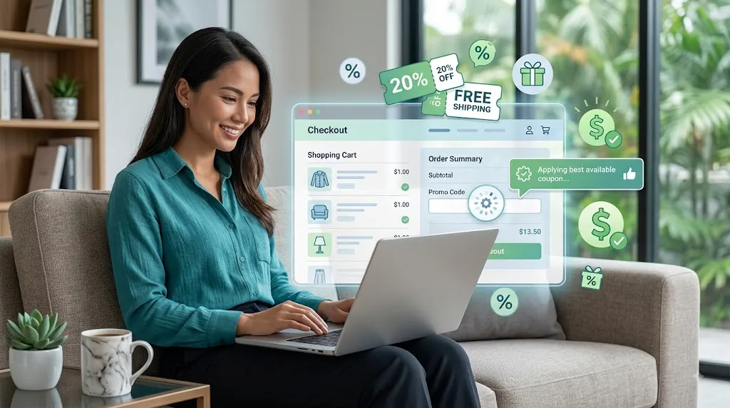 A person on a sofa using a laptop while an illustrated checkout screen floats above it, showing a shopping cart, an order summary with a promo code field and a message that the best available coupon is being applied, next to twenty-percent-off and free-shipping labels