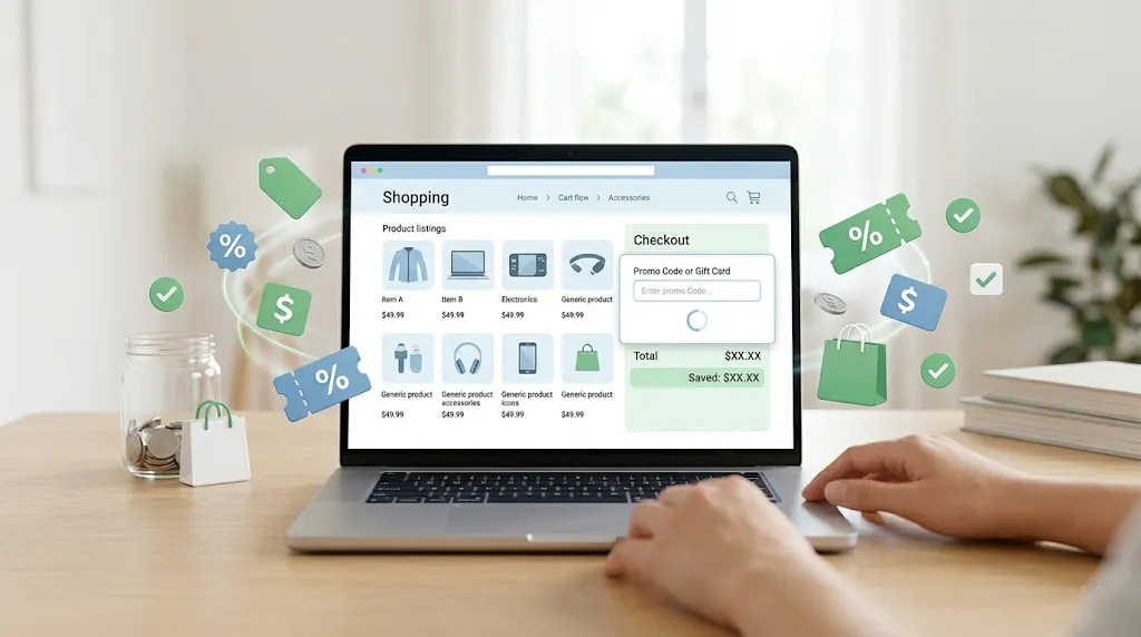 A laptop on a wooden desk showing an online store with product listings beside a checkout panel containing a promo code field, surrounded by illustrated coupon, percentage, dollar and shopping bag icons, with a person's hands on the trackpad